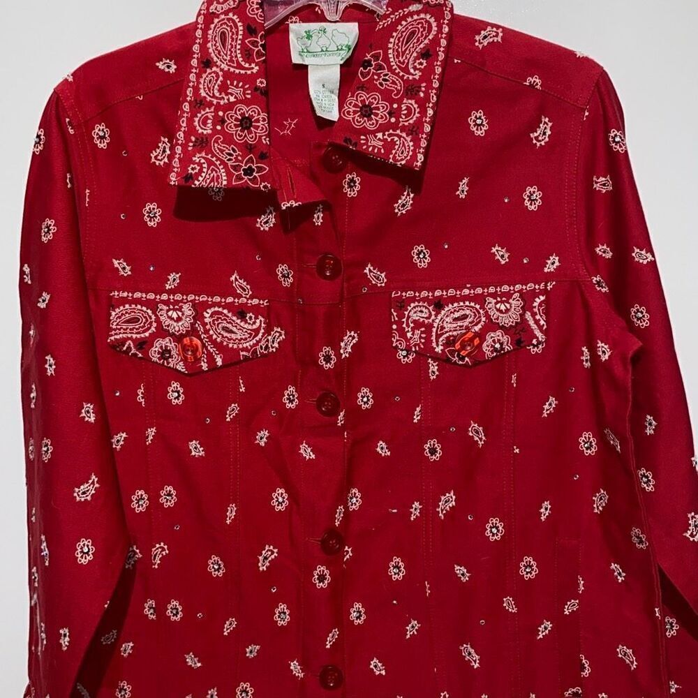 Quaker Factory Women's Red Bandana Paisley Print Rhinestones Blazer Jacket Small